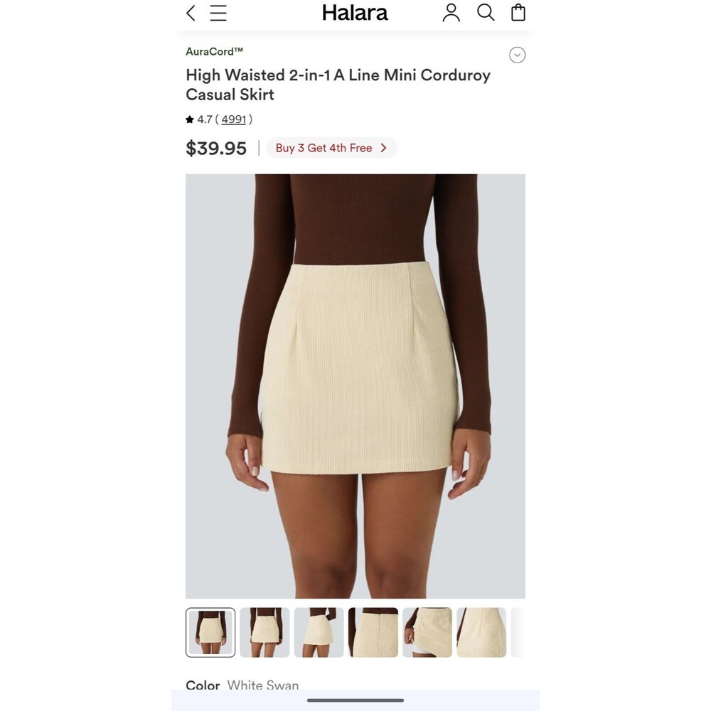 NWT Halara High Waisted 2-in-1 A Line Mini Corduroy Casual Skirt Ivory Cream Lg